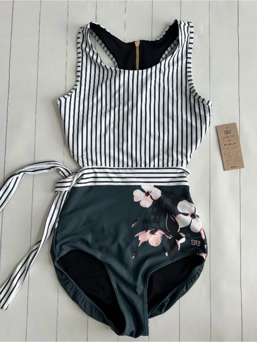 Albion size S Bon Voyage one piece swimsuit green stripe modest open back NEW